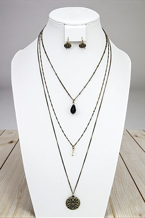 FLORAL ETCHED LONG LAYERED NECKLACE SET