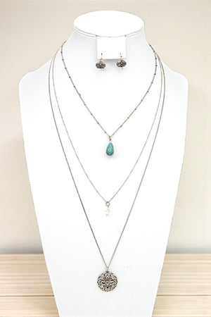 FLORAL ETCHED LONG LAYERED NECKLACE SET