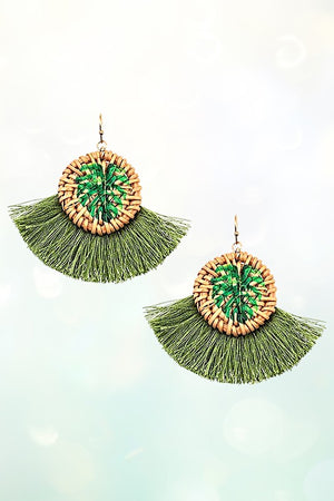 LEAF ACCENT STRAW FRINGE TASSEL EARRING