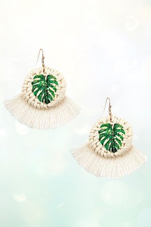 LEAF ACCENT STRAW FRINGE TASSEL EARRING
