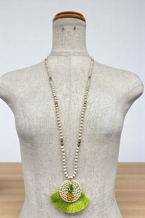 PINEAPPLE WOVEN PENDANT BEAD LONG NECKLACE