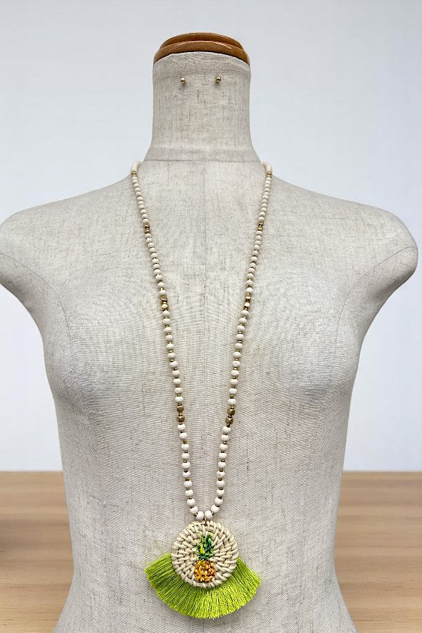 PINEAPPLE WOVEN PENDANT BEAD LONG NECKLACE