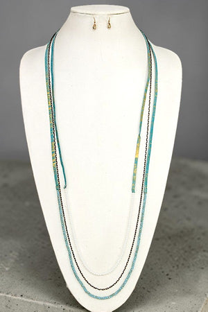 ELONGATED FAUX LEATHER CORD BEADED NECKLACE AND DANGLE EARRING SET