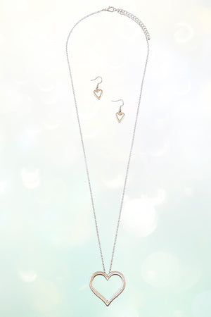 ELONGATED HEART PENDANT NECKLACE AND HEART DANGLE EARRING SET