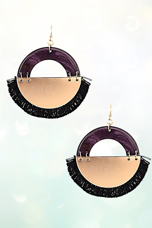 HALF CIRCLE ACETATE TASSEL TRIM DANGLE EARRING