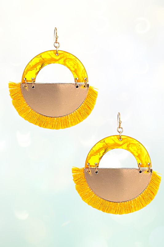 HALF CIRCLE ACETATE TASSEL TRIM DANGLE EARRING