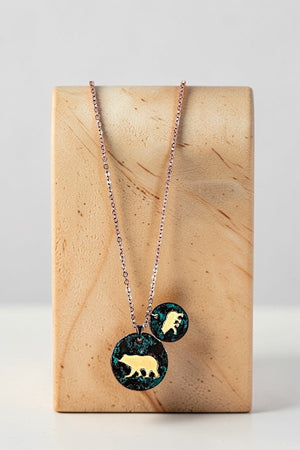 TWO TONE MAMA AND BABY BEAR DOUBLE DISK PENDANT NECKLACE