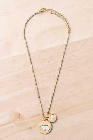 TWO TONE MAMA AND BABY BEAR DOUBLE DISK PENDANT NECKLACE