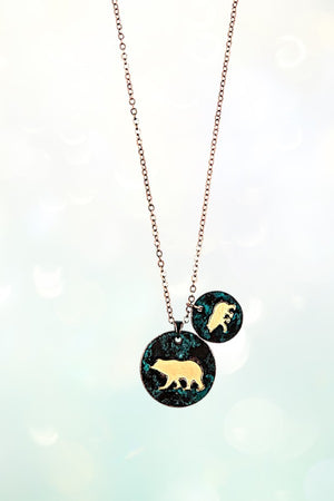TWO TONE MAMA AND BABY BEAR DOUBLE DISK PENDANT NECKLACE