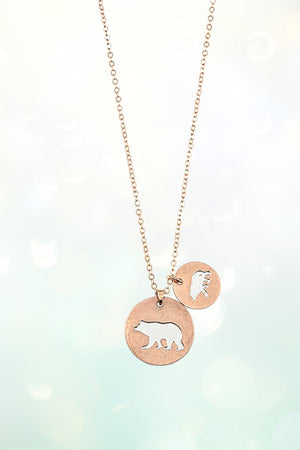 TWO TONE MAMA AND BABY BEAR DOUBLE DISK PENDANT NECKLACE