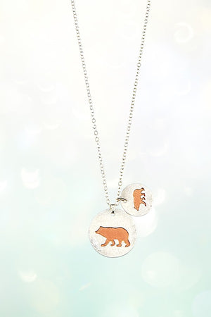 TWO TONE MAMA AND BABY BEAR DOUBLE DISK PENDANT NECKLACE