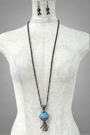 ELONGATED ETCHED GEM PENDANT NECKLACE SET