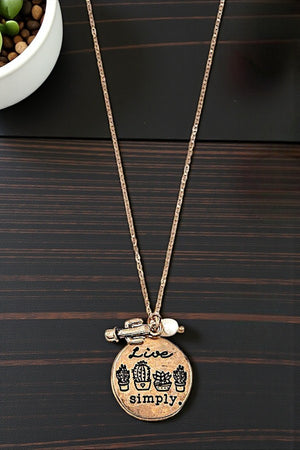 LIVE SIMPLY MESSAGE ETCHED ROUND PENDANT NECKLACE