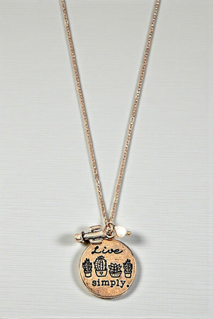 LIVE SIMPLY MESSAGE ETCHED ROUND PENDANT NECKLACE
