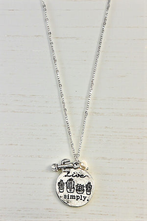 LIVE SIMPLY MESSAGE ETCHED ROUND PENDANT NECKLACE