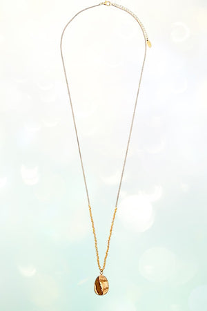 OVAL FRAMED STONE PENDANT LONG HALF BEADED CHAIN NECKLACE