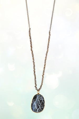 OVAL FRAMED STONE PENDANT LONG HALF BEADED CHAIN NECKLACE