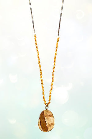 OVAL FRAMED STONE PENDANT LONG HALF BEADED CHAIN NECKLACE