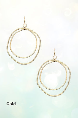 TEXTURED IRREGULAR RING SHAPE DOUBLE LINK DANGLE EARRING
