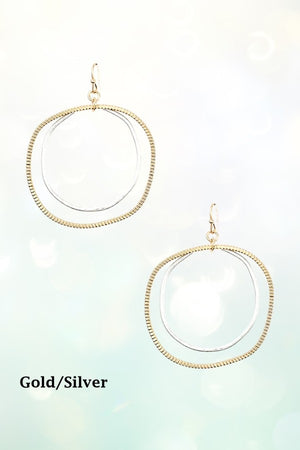 TEXTURED IRREGULAR RING SHAPE DOUBLE LINK DANGLE EARRING