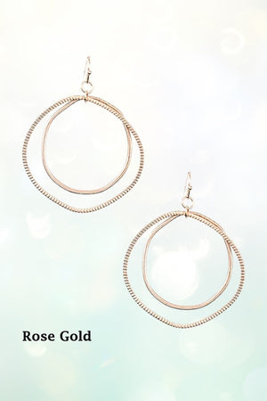 TEXTURED IRREGULAR RING SHAPE DOUBLE LINK DANGLE EARRING