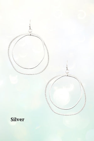 TEXTURED IRREGULAR RING SHAPE DOUBLE LINK DANGLE EARRING