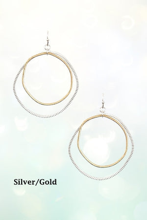 TEXTURED IRREGULAR RING SHAPE DOUBLE LINK DANGLE EARRING