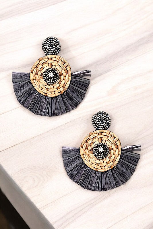 ROUND WOVEN DETAILED RAFFIA TASSEL EARRING