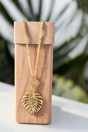 GOLD LEAF PENDANT BEADED LONG NECKLACE AND MATCHING EARRING SET