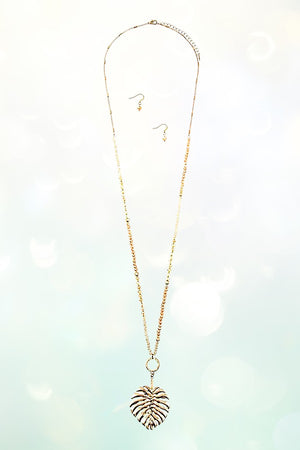 GOLD LEAF PENDANT BEADED LONG NECKLACE AND MATCHING EARRING SET