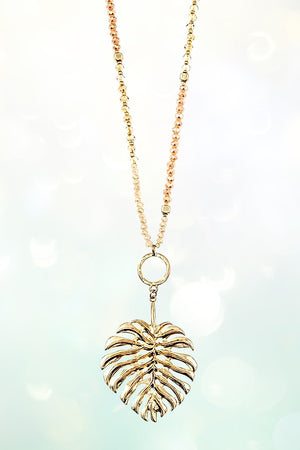 GOLD LEAF PENDANT BEADED LONG NECKLACE AND MATCHING EARRING SET