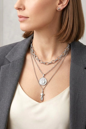 LAYERED CHAIN DOUBLE PENDANTS NECKLACE AND EARRING SET