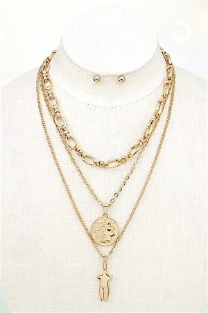 LAYERED CHAIN DOUBLE PENDANTS NECKLACE AND EARRING SET