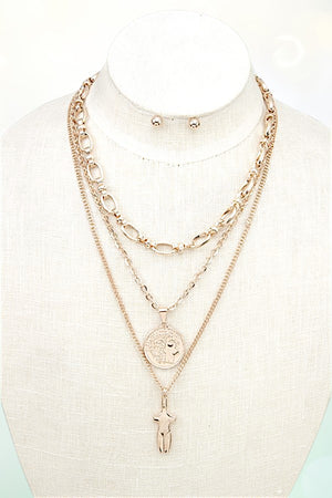 LAYERED CHAIN DOUBLE PENDANTS NECKLACE AND EARRING SET