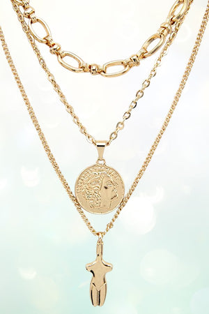 LAYERED CHAIN DOUBLE PENDANTS NECKLACE AND EARRING SET