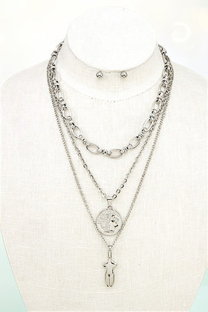 LAYERED CHAIN DOUBLE PENDANTS NECKLACE AND EARRING SET