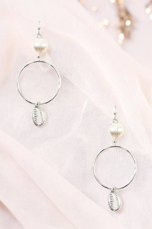 SHELL DANGLE PEARL RING EARRING