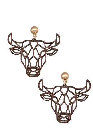 LASER CUT WOOD BULL DANGLE EARRING