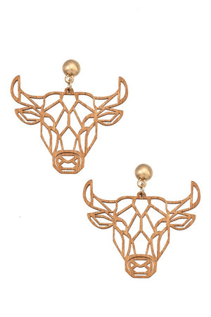 LASER CUT WOOD BULL DANGLE EARRING