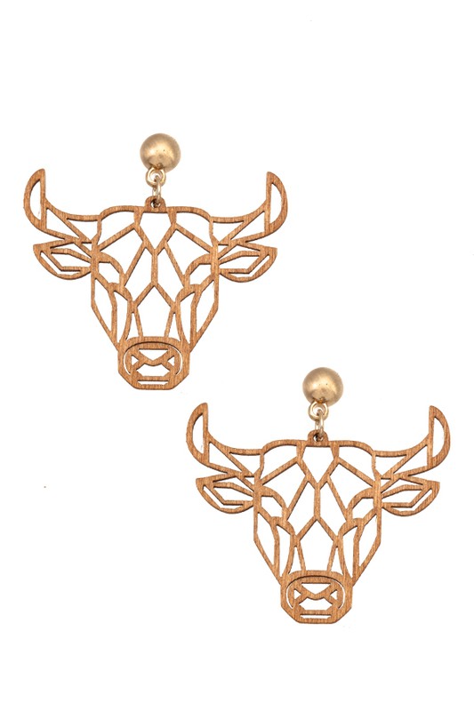 LASER CUT WOOD BULL DANGLE EARRING