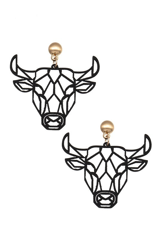 LASER CUT WOOD BULL DANGLE EARRING