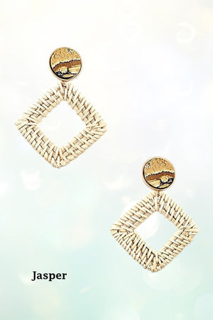 ROUND GEM LINK DIAMOND SHAPE STRAW DANGLE EARRING