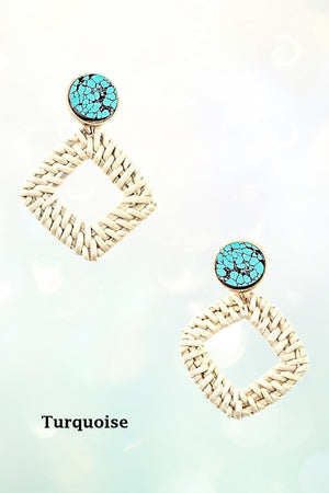 ROUND GEM LINK DIAMOND SHAPE STRAW DANGLE EARRING