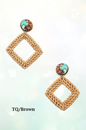 ROUND GEM LINK DIAMOND SHAPE STRAW DANGLE EARRING