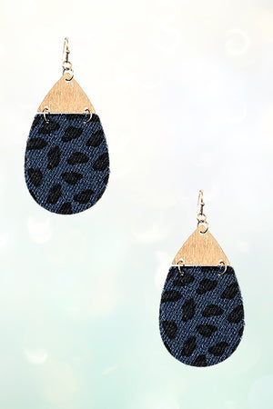 METAL LINK ANIMAL PRINT DENIM TEARDROP EARRING