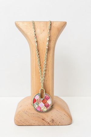 MIX PATTERN ROUND PENDANT LONG NECKLACE AND EARRING SET