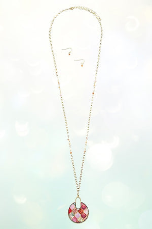 MIX PATTERN ROUND PENDANT LONG NECKLACE AND EARRING SET
