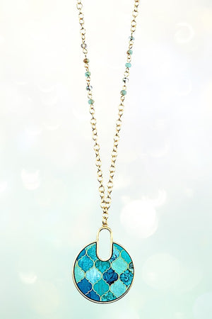 MIX PATTERN ROUND PENDANT LONG NECKLACE AND EARRING SET