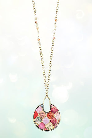 MIX PATTERN ROUND PENDANT LONG NECKLACE AND EARRING SET