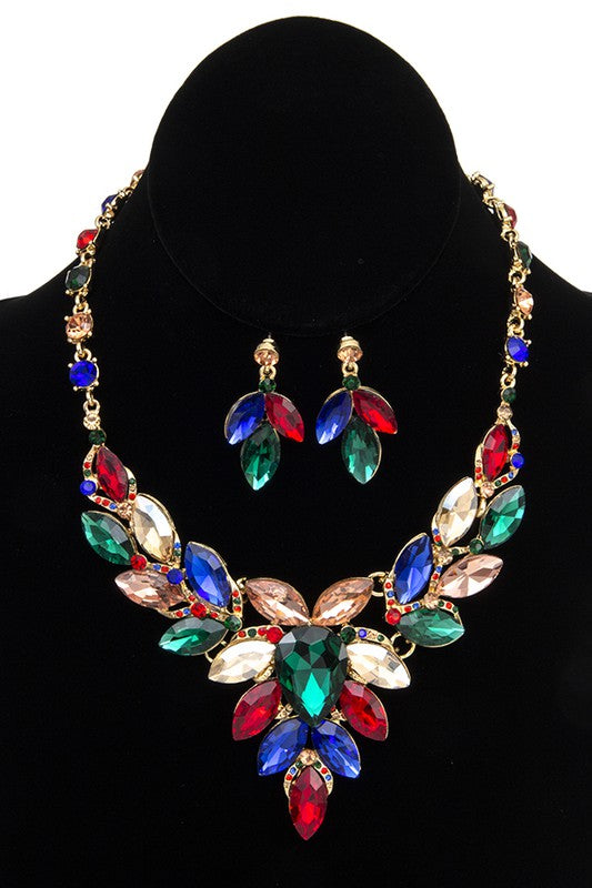 FACETED CRYSTAL MARQUISE BIB EVENING NECKLACE SET